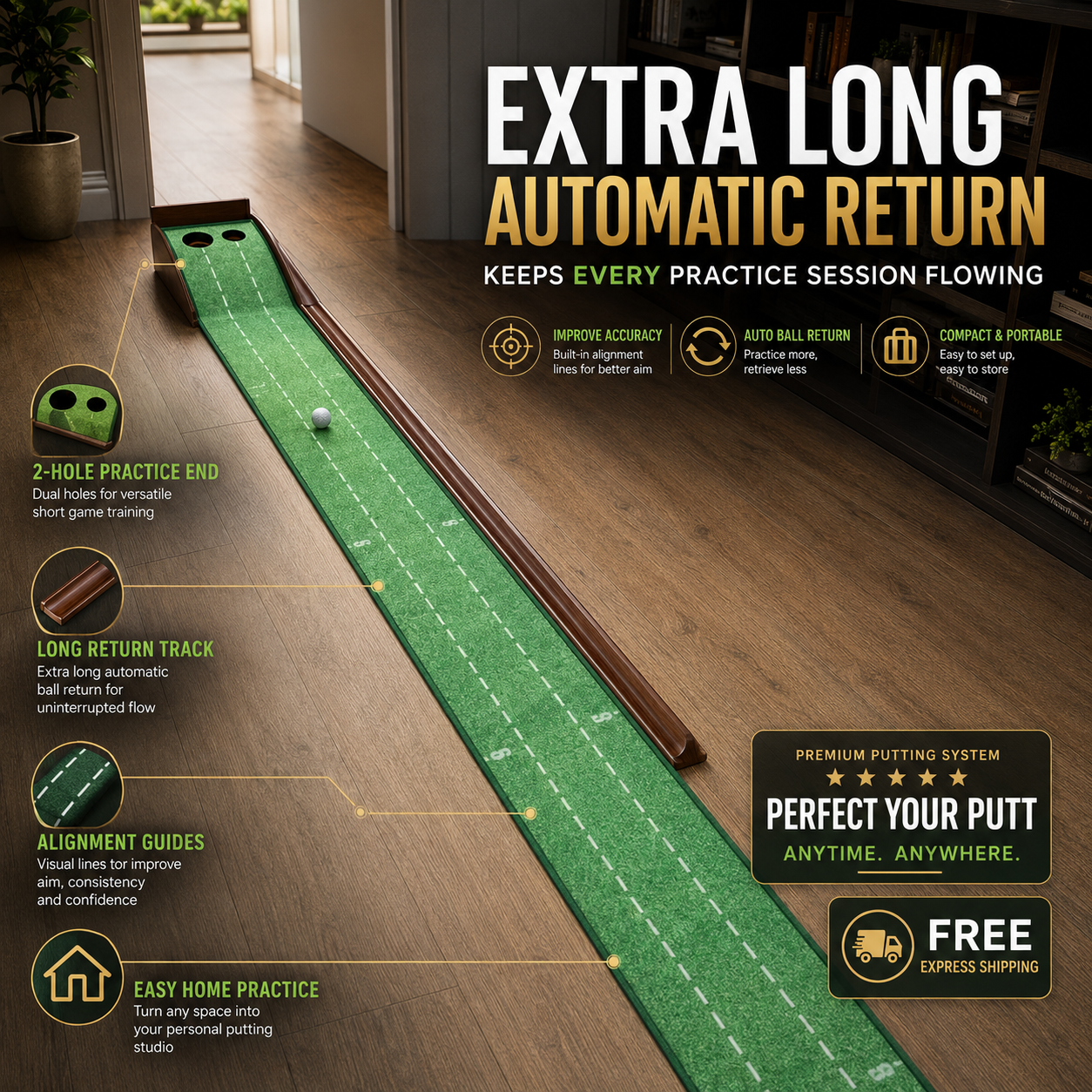 Golf Putting Mat With Automatic Return