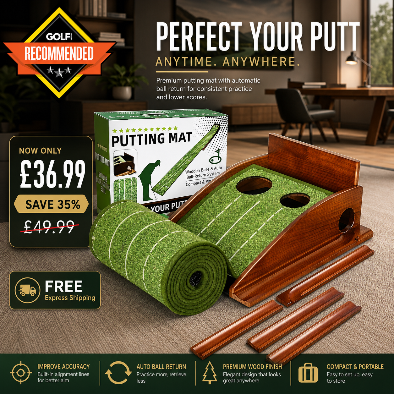 Golf Putting Mat With Automatic Return